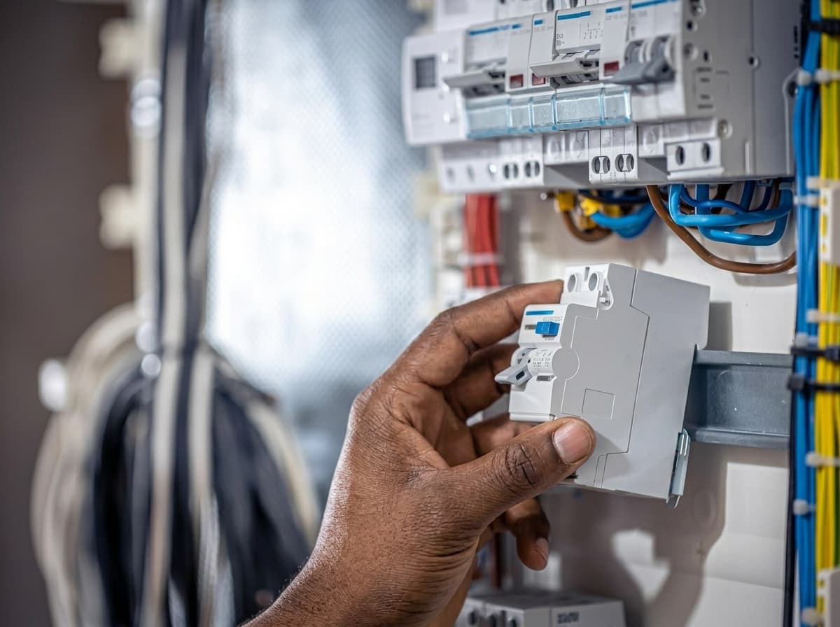 Electrician fitting a circuit breaker in a distribution board