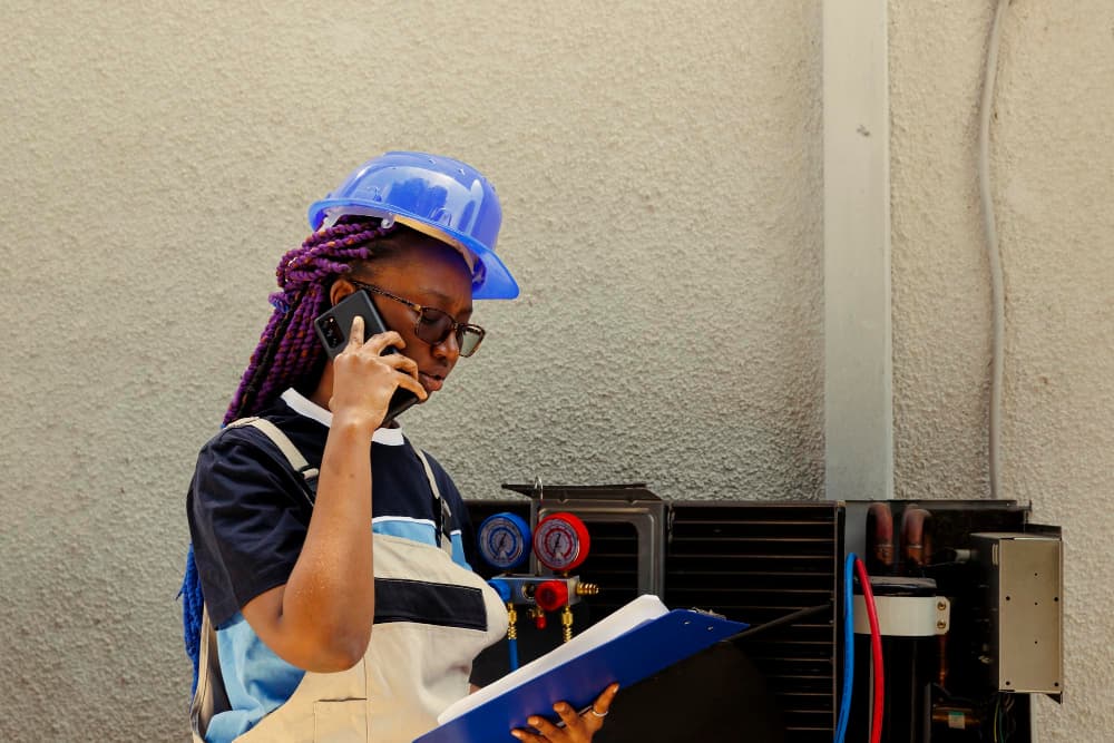 Engineer checking readings on site during an energy assessment