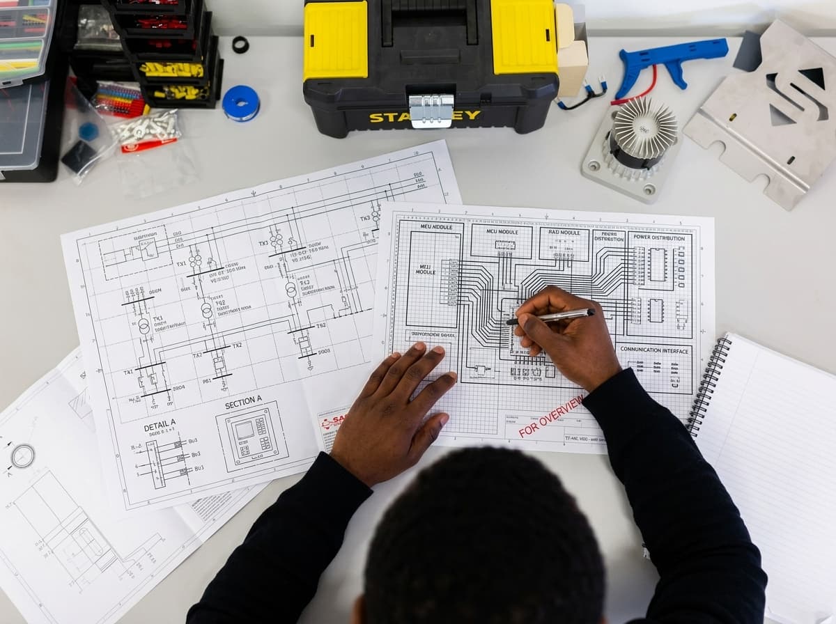 Engineer working through electrical single-line diagrams and schematics